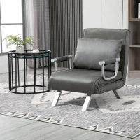 Poltrona Letto Singolo 3 in 1 con Schienale Reclinabile su 5 Livelli e Cuscino, Divano Letto Singolo Pieghevole per Soggiorno e Salotto in Pelle Scamosciata e Metallo, 65x69x80 cm, Grigio