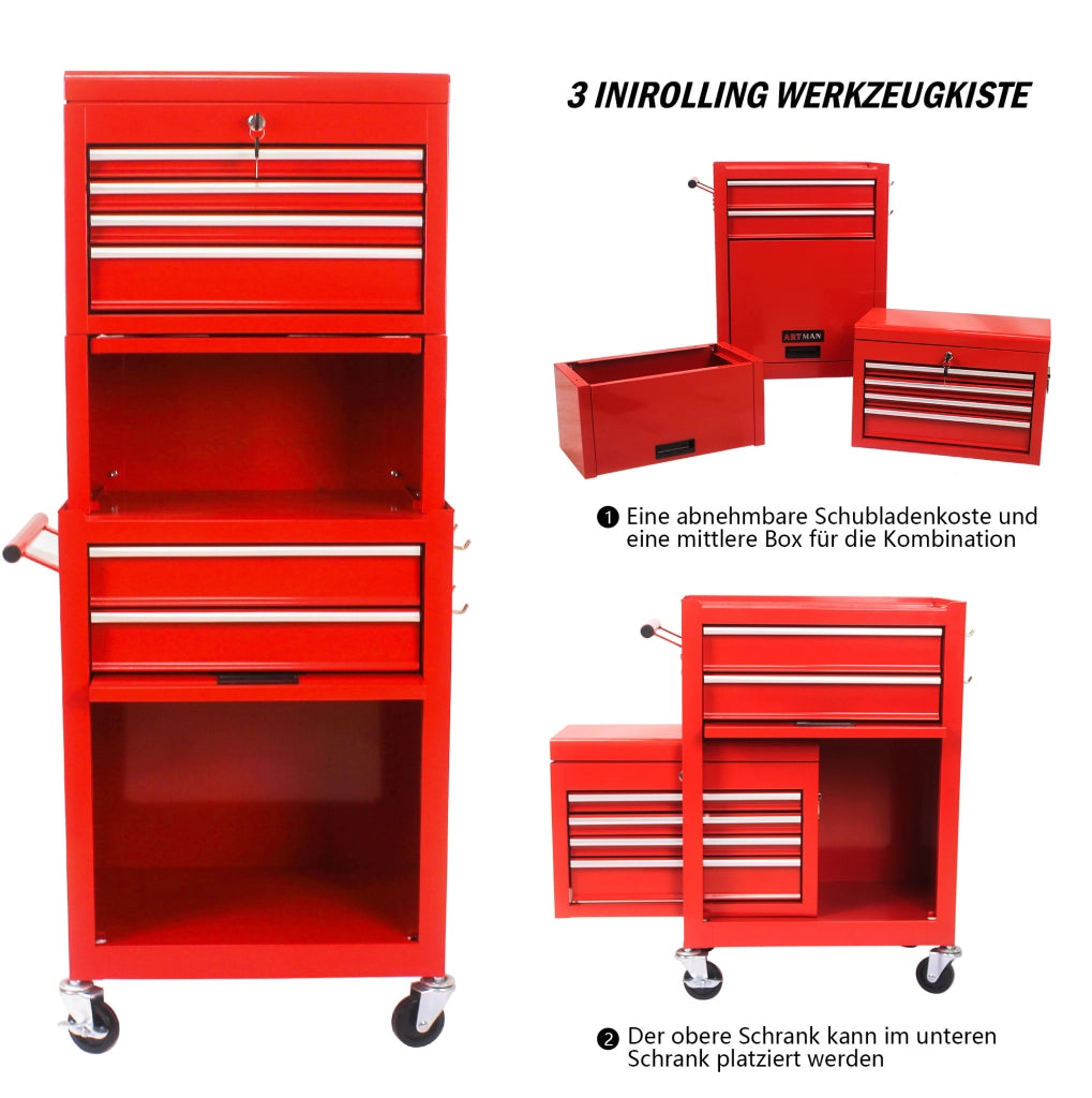 Carrello portautensili rosso in acciaio con 6 cassetti