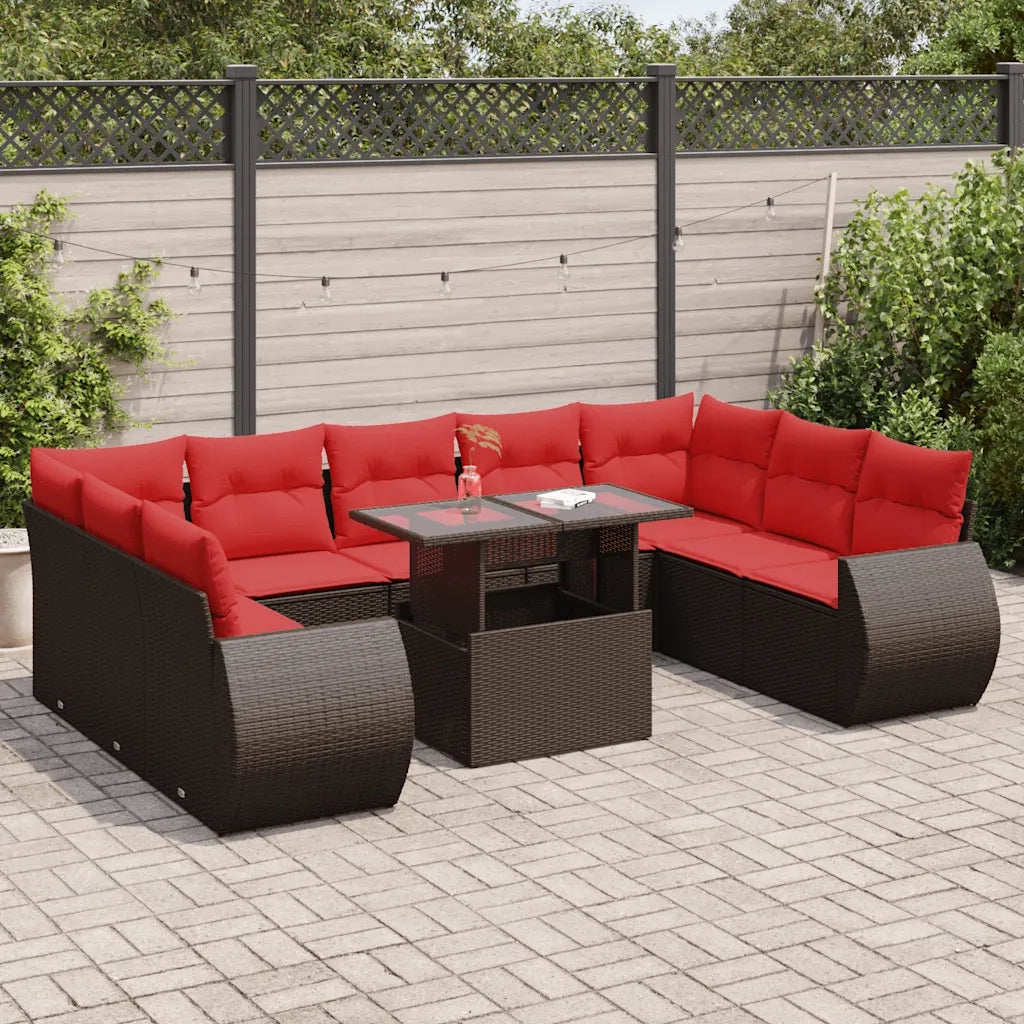Set Divani Giardino 10 pz con Cuscini Polyrattan Marrone Acacia