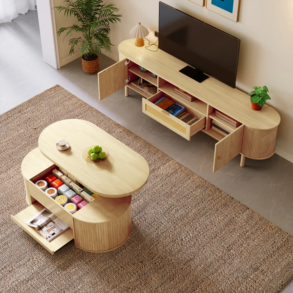 Set di Mobili da Soggiorno con 1 Tavolino da Salotto Regolabile in Altezza e 1 Mobile TV; Contenimento e Gestione Cavi; MDF; Naturale