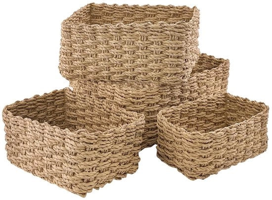 Set di 4 contenitori di archiviazione leggeri - Rattan - Set di 4 - Tessuti a mano - Multifunzionali - Sacchetti di stoffa di carta - Contenitori di archiviazione