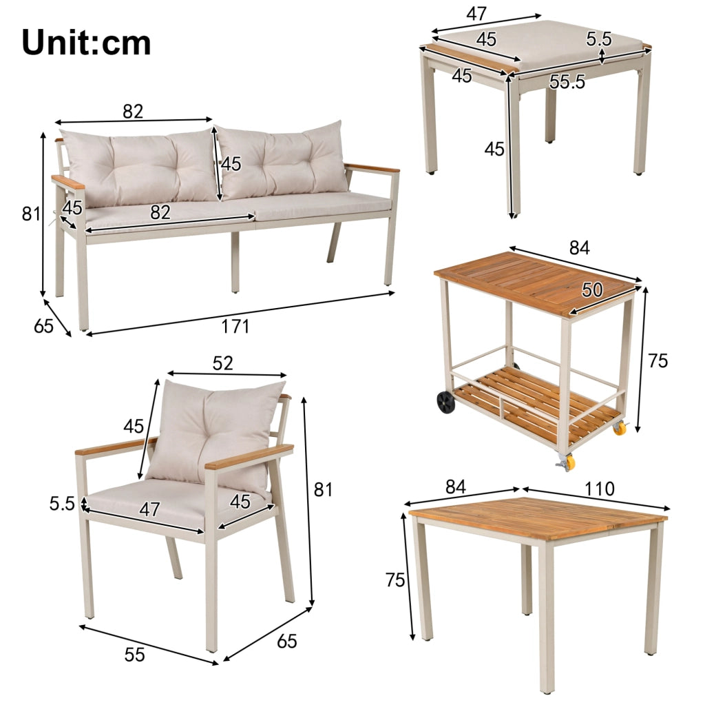Set da pranzo da giardino per 6-7 persone in legno di acacia e metallo; beige e naturale
