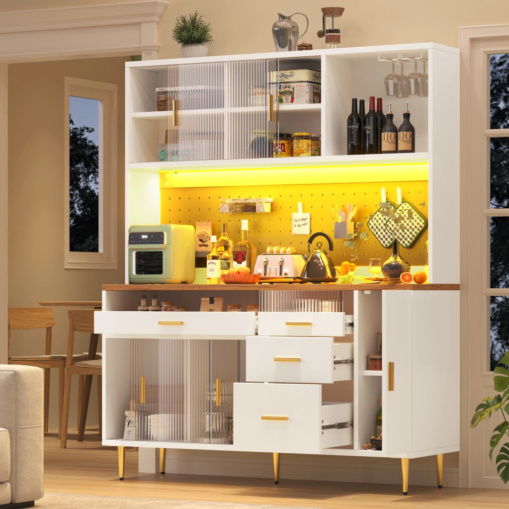 Credenza alta da cucina con 1 porta scorrevole in vetro; ripiani regolabili; pannello forato e LED; in MDF; 145 x 39 x 171 cm; Bianco