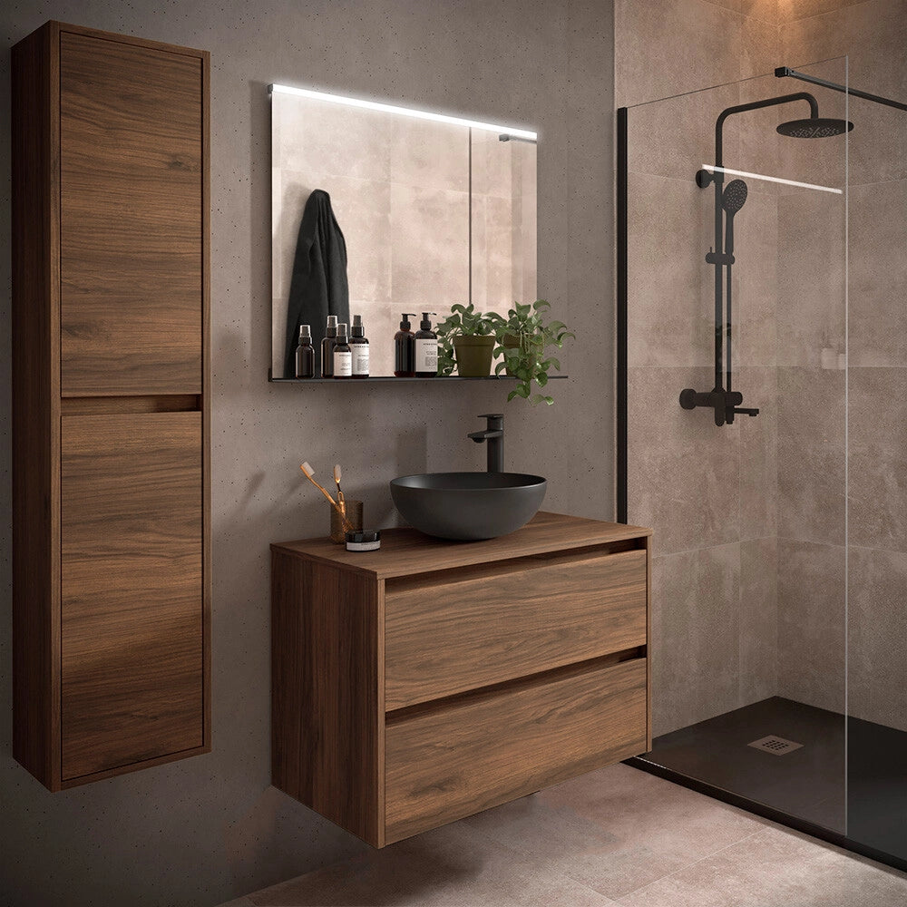 Mobile bagno sospeso 80 cm noce maya con top per lavabo da appoggio Gaya