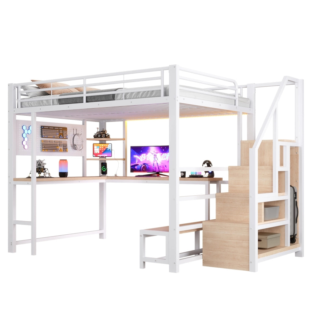 Letto a soppalco 140x200 cm con scrivania, LED e USB-C