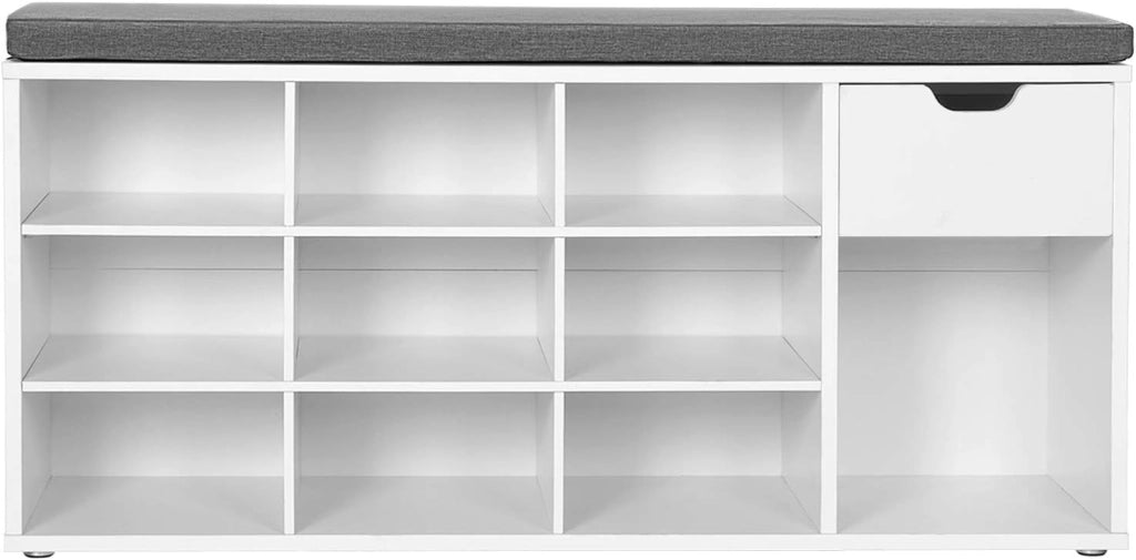 VASAGLE Panca Scarpiera, Panca Contenitore con Cassetto e Scomparti Aperti, Scaffale Portascarpe, Seduta Imbottita, Ingresso Camera da Letto, 30 x 104 x 48 cm, Bianco e Grigio LHS24WT