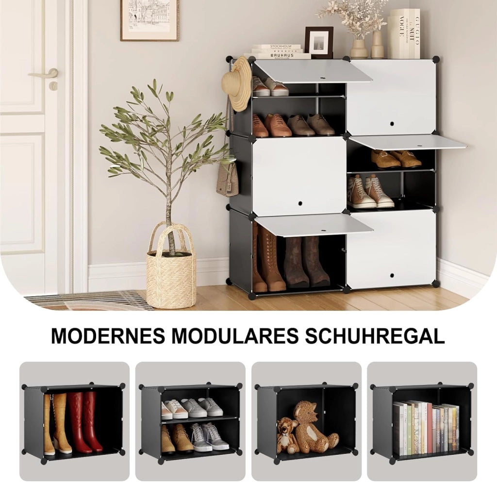 Scarpiera Modulare a 6 Scomparti, Portascarpe Salvaspazio in Plastica e Metallo, Scaffale Portaoggetti Componibile, con Sportello, Bianco + Nero