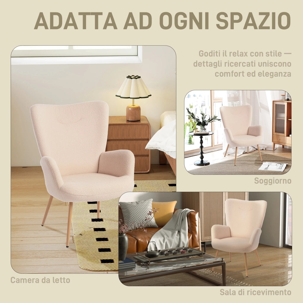 Poltrona per Salotto Moderna 71x74x97,5 cm con Schienale Alto in Tessuto Sherpa Beige