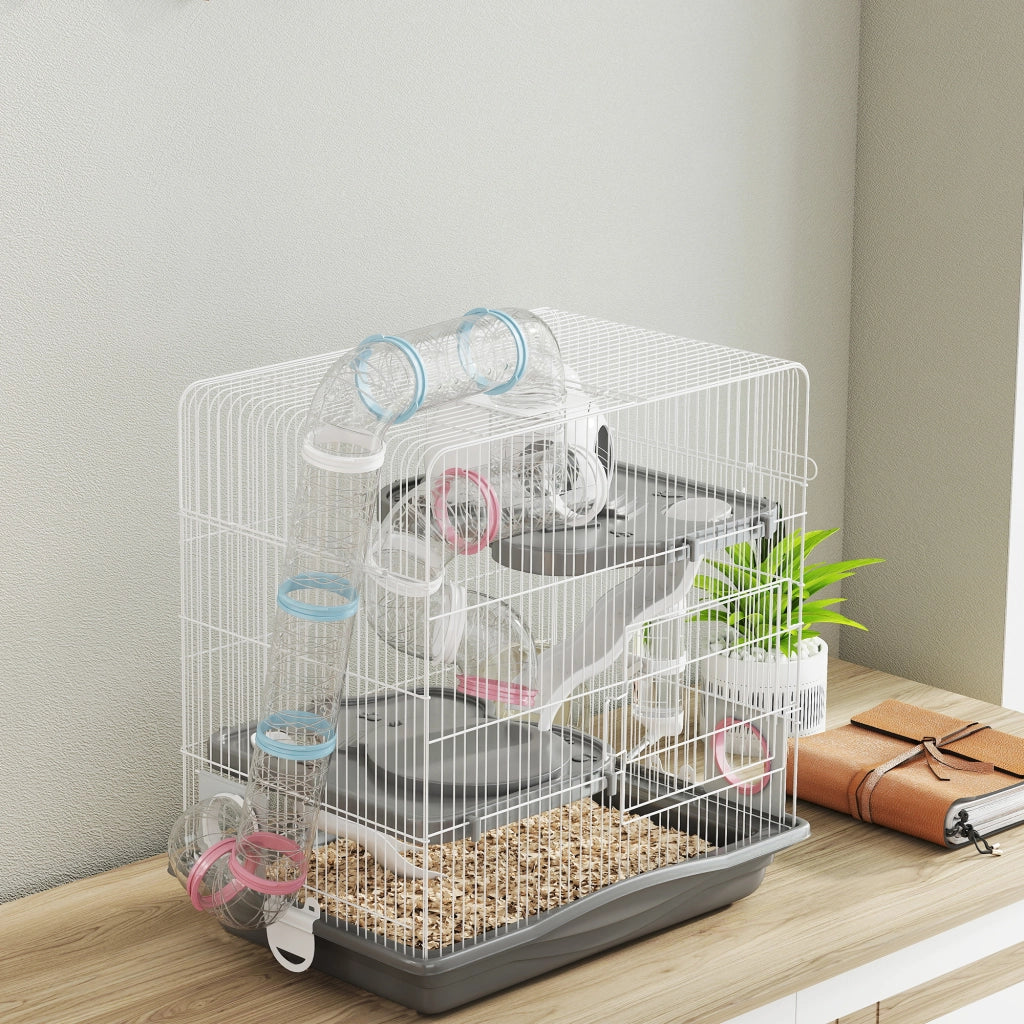 Gabbia per Criceti a 3 Livelli 45x30x45 cm e 14 Tubi con Casetta Rampa e Accessori in Metallo e Plastica Grigio
