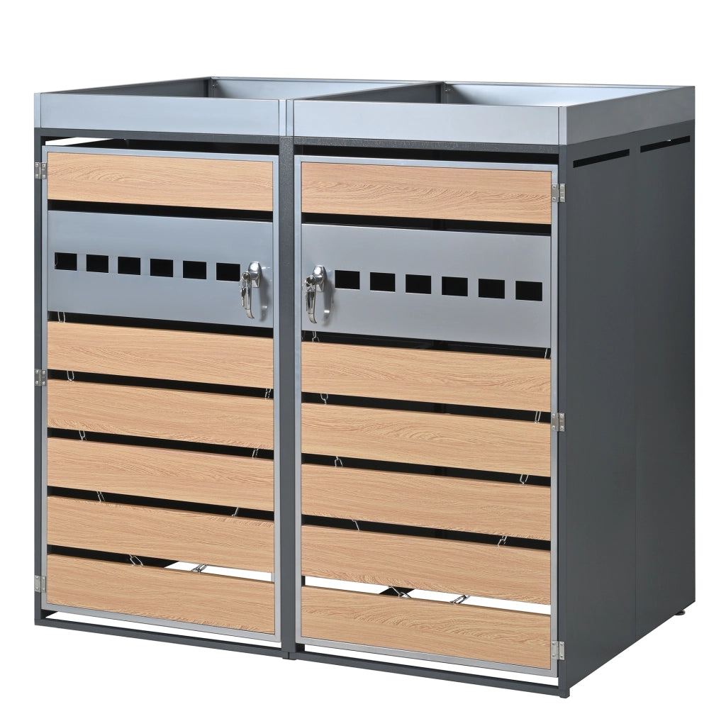Box per Bidoni con Fioriera Integrata; 2 Vani con Serratura e Ante Ventilate in Acciaio Grigio Effetto Legno
