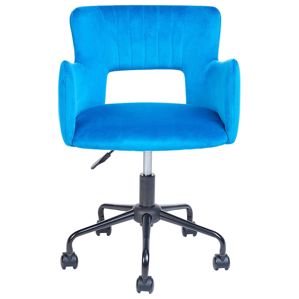 Sedia da ufficio velluto blu braccioli schienale intagliato gambe in metallo moderna industriale girevole con rotelle