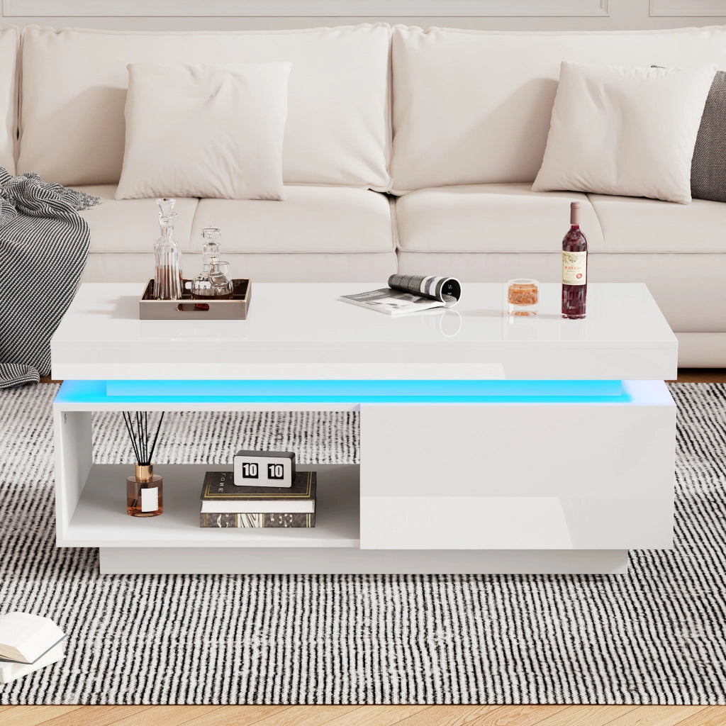 Tavolino da salotto 100x50x40;3 cm; lucido con LED e cassetto; truciolato bianco