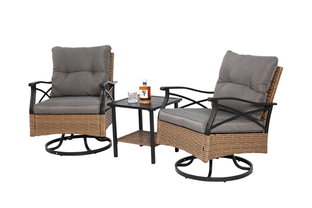 Set 3 Pezzi da Giardino con Tavolo e 2 Sedie a Dondolo Girevoli in Rattan ¨C Xylo ¨C Marrone