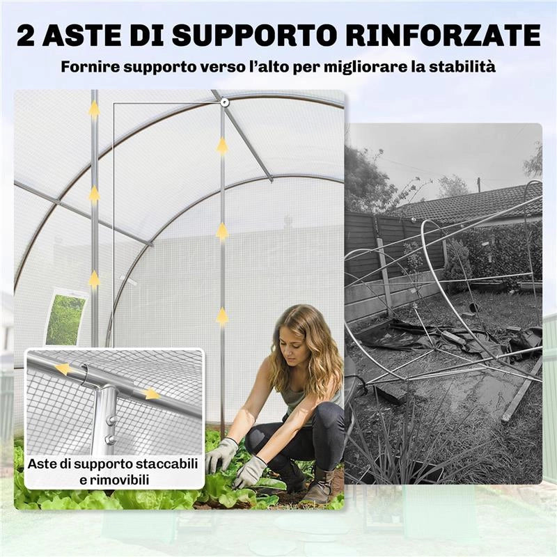 SERRA A TUNNEL CON 2 ASTE RIMOVIBILI E PORTE E FINESTRE A RETE, IN ACCIAIO ZINCATO E PE, 396X300X200 CM, BIANCO