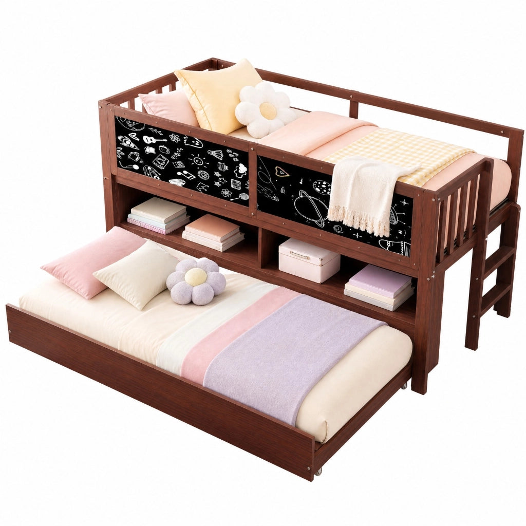 Letto per bambini 90x200 cm con letto estraibile; lavagna e ripiani aperti marrone