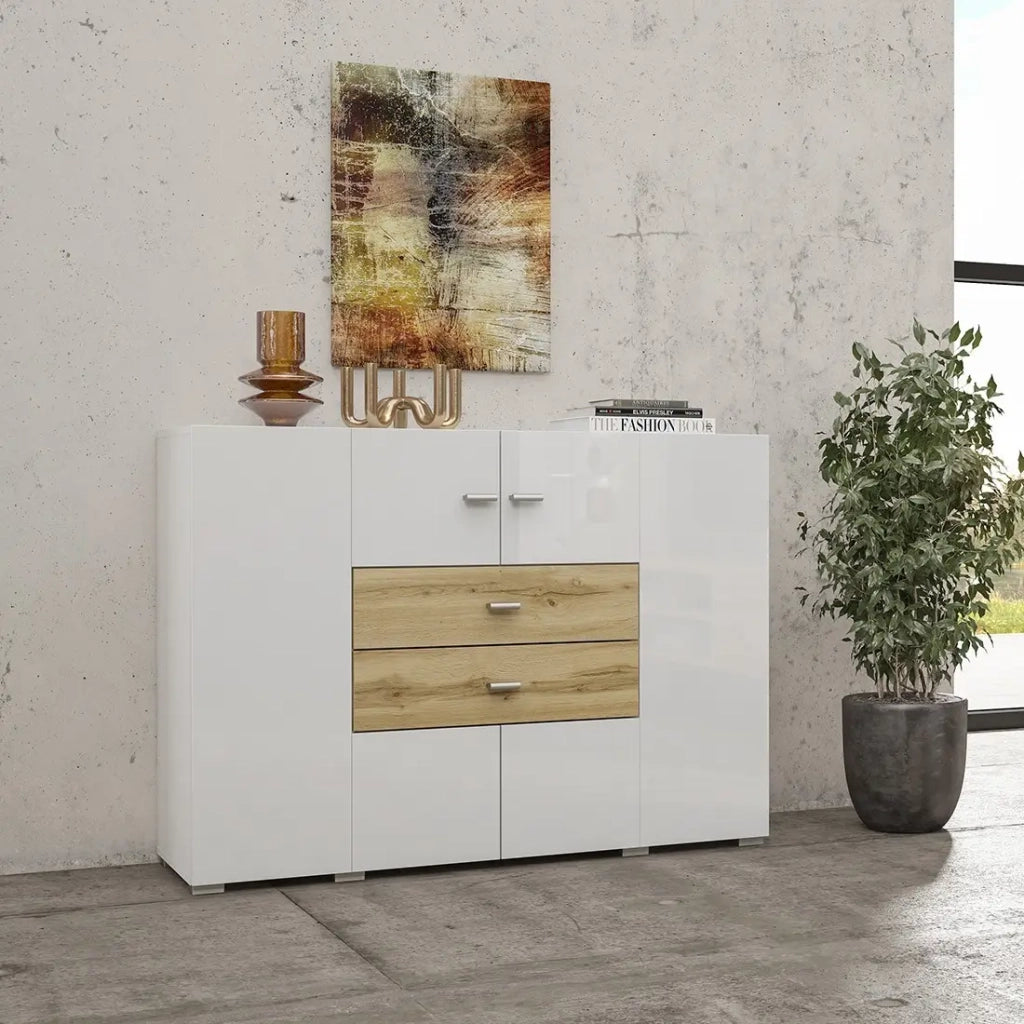 Buffet piccolo modello 120cm collezione KOBEE con 2 porte e 2 cassetti. Colore bianco e rovere.