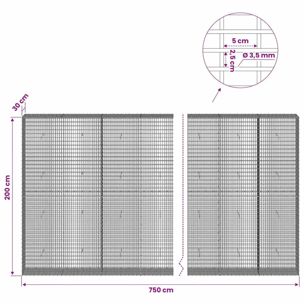 Gabione con filo da 3,5 mm e rete da 5x2,5 cm 750x30x200 cm 3461817