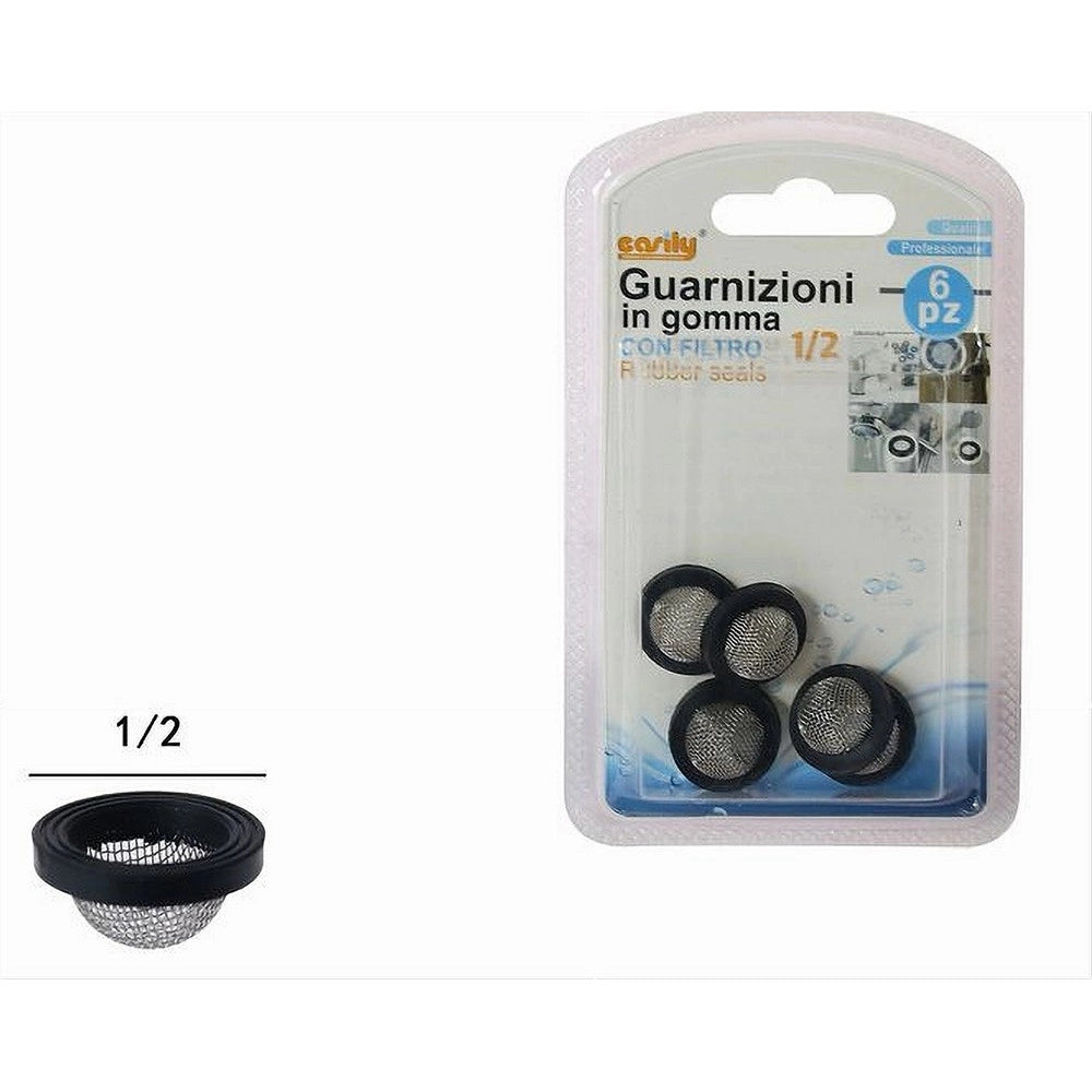 Trade Shop - Set 6pz Guarnizioni In Gomma Nera Con Filtro A Rete Convessa In Acciaio 1/2 52445 -