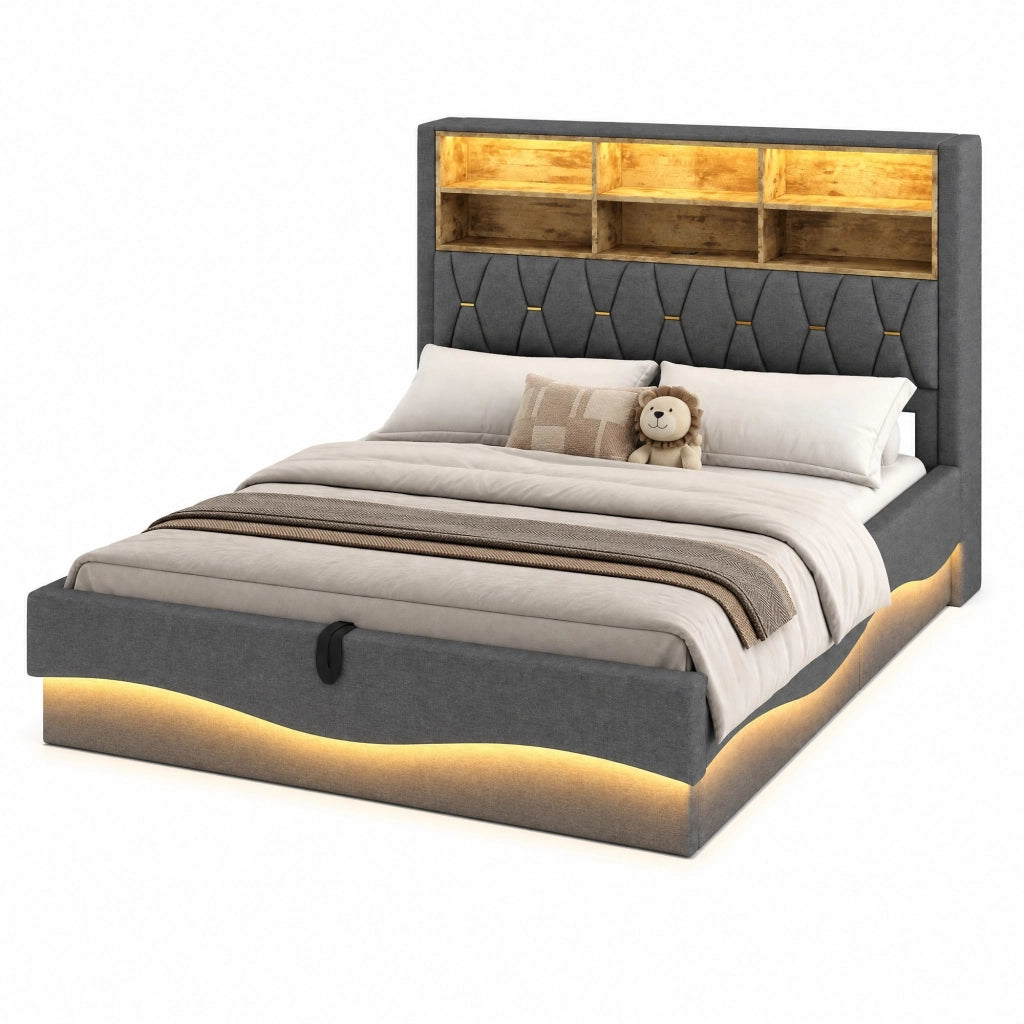 Letto matrimoniale 180x200 cm con contenitore; LED APP; USB e struttura in metallo grigio