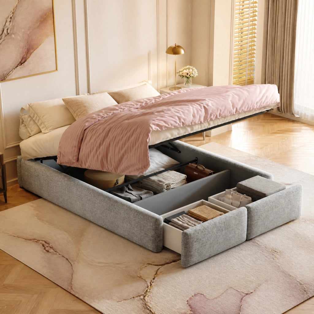 Letto imbottito 140x200 cm con contenitore idraulico e cassetti
