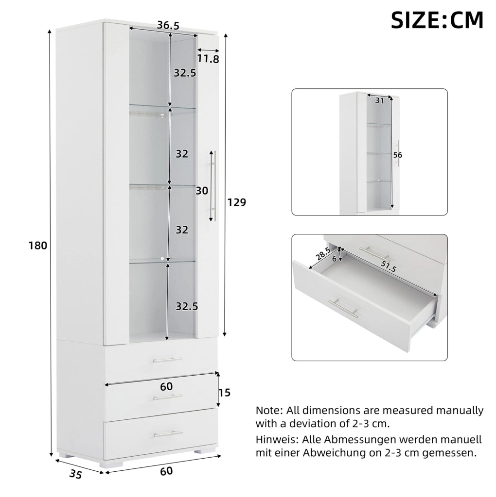 Vetrina bianca in MDF con LED via app; 3 cassetti e anta in acrilico; 60 x 35 x 180 cm