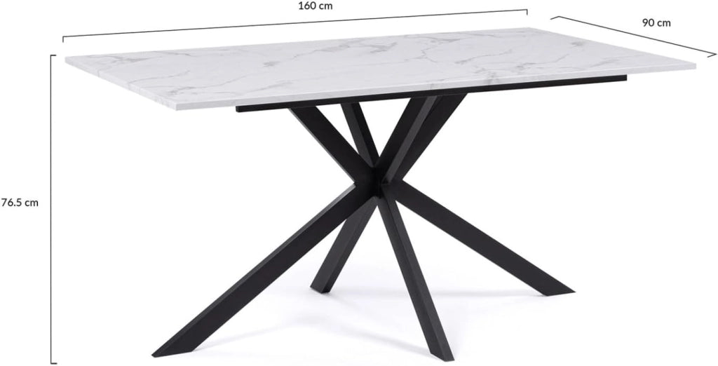 Tavolo da pranzo rettangolare per 8 persone ALASKA con effetto marmo bianco e gamba a ragno in metallo 160 cm