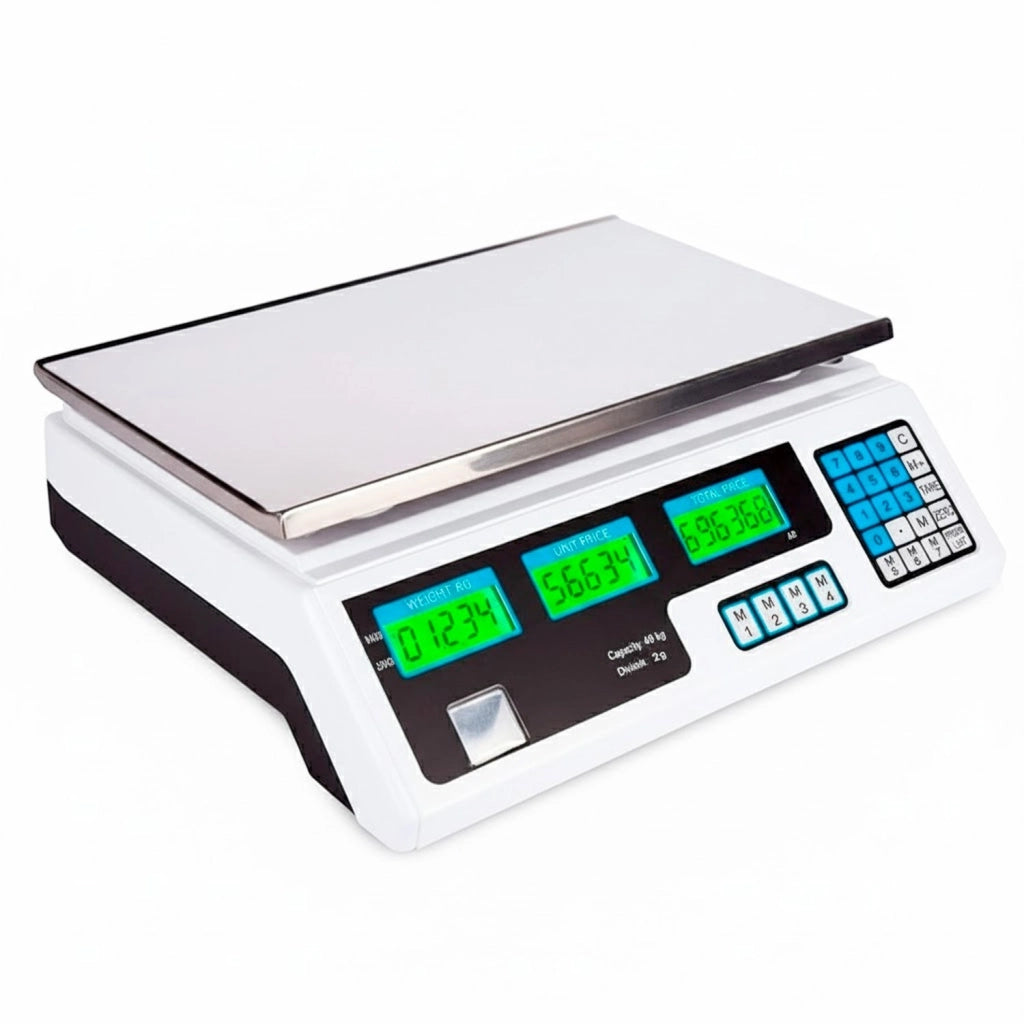 Bilancia Elettronica Digitale Professionale Fino A 40 kg Con Piatto in Acciaio Inox Precisione 2 g Triplo Display Tara/Zero, Memorie Prezzo Elettrica o Batteria 34 x 33 x 11.3 cm Nero