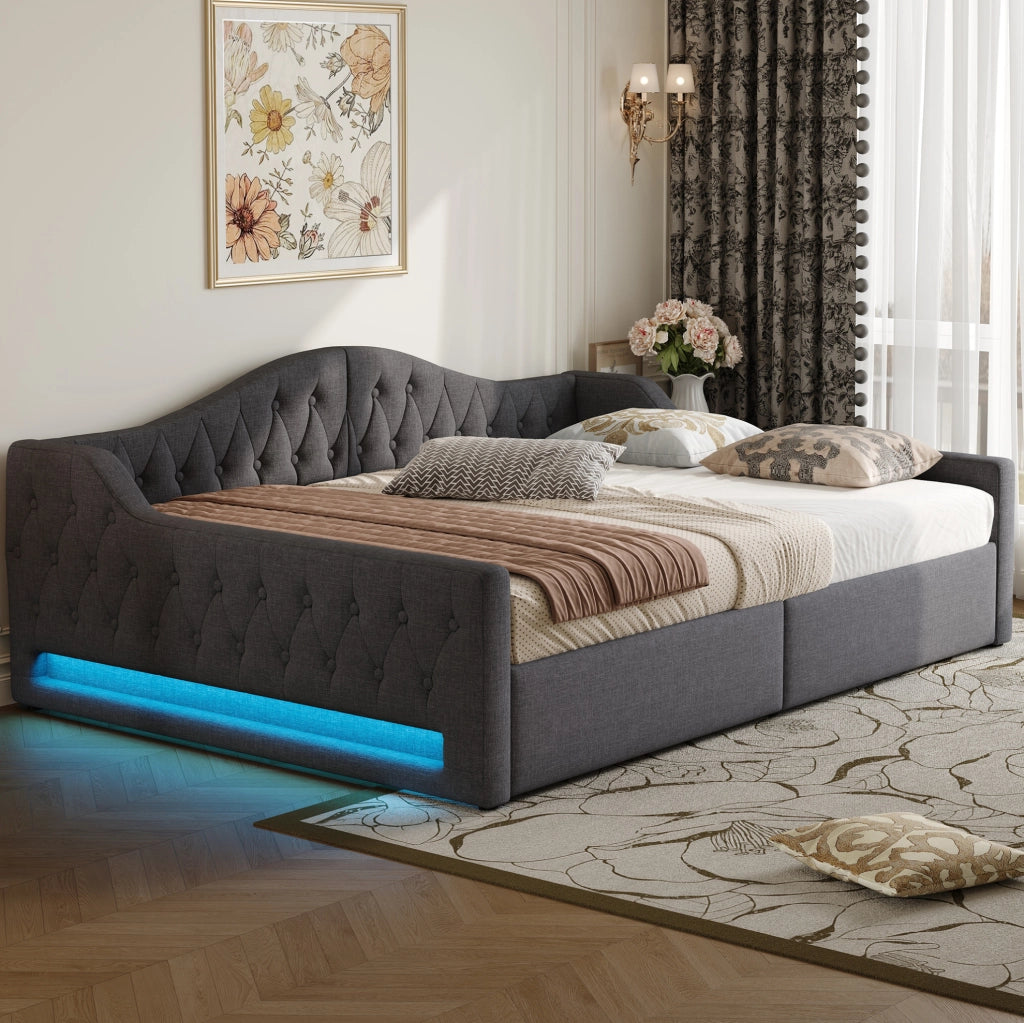 Letto da giorno imbottito 140x200 cm grigio con LED laterali e vano contenitore