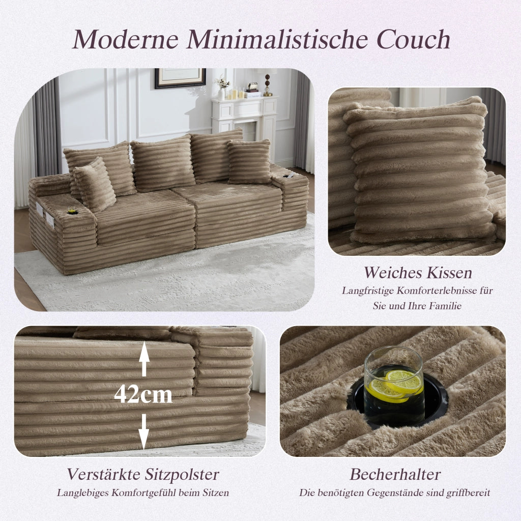 Divano letto componibile in tessuto a coste con schienale alto, cuscini, tasche laterali e portabicchieri, khaki