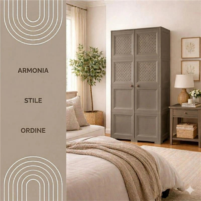 ARMADIO 4 MODULI WENGÉ 79X43X164 CM CON 4 ANTE CHIUSE E 4 TRAFORATE – MOBILE ALTO MULTIUSO PER ZONA GIORNO E BALCONE COPERTO