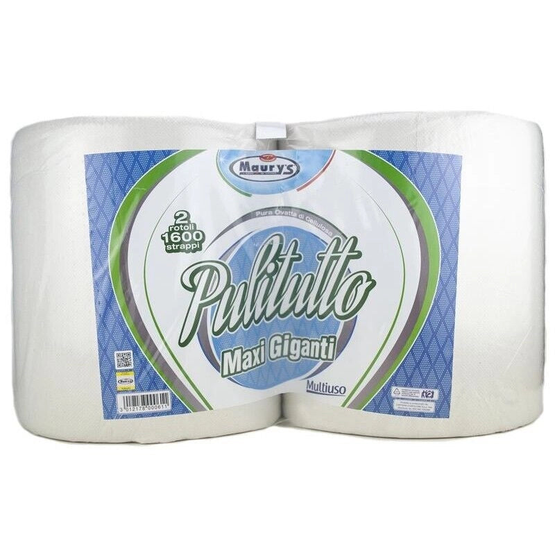 MAURY'S CARTA ASCIUGATUTTO INDUSTRIALE 2 ROTOLI PULITUTTO MAXI GIGANTI 1600 STRAPPI 3600GR HACCP
