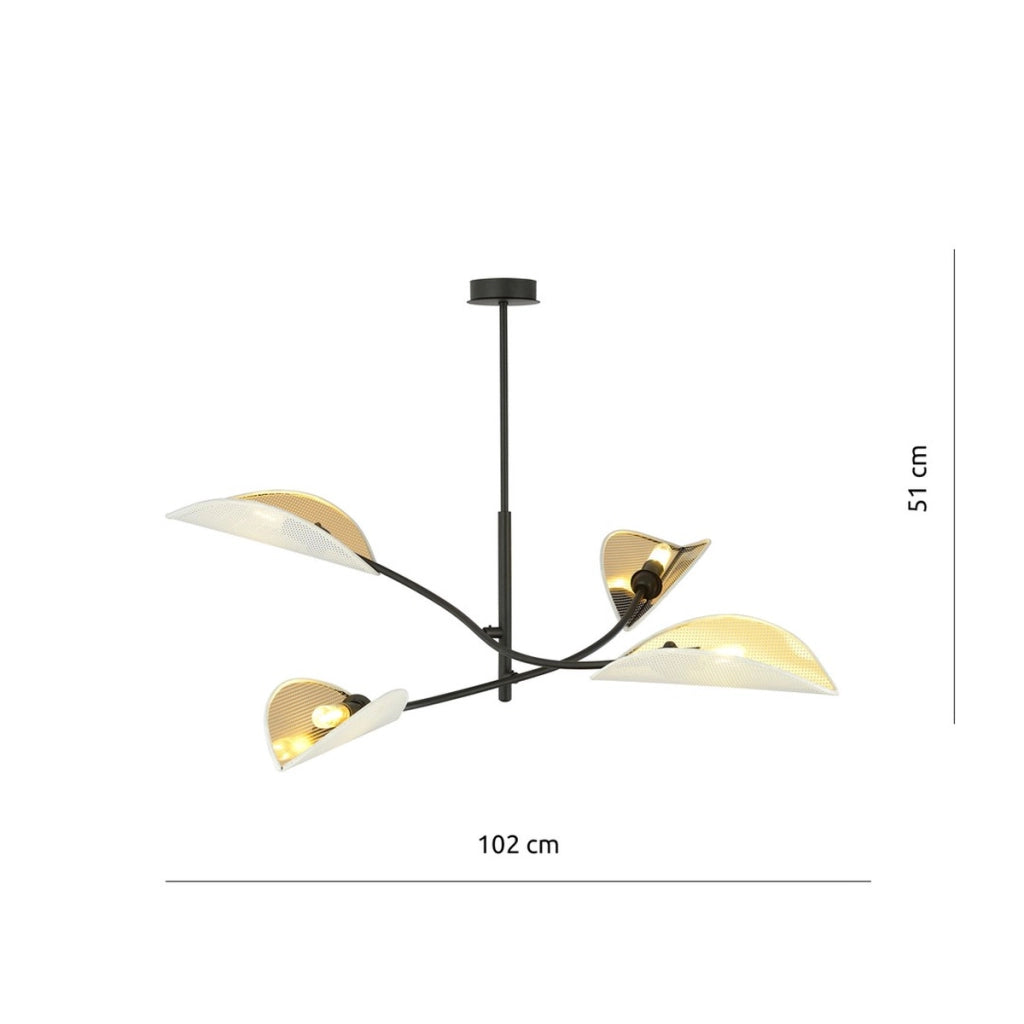 Lampada a sospensione Lotus in acciaio nero e paralumi bianco e oro