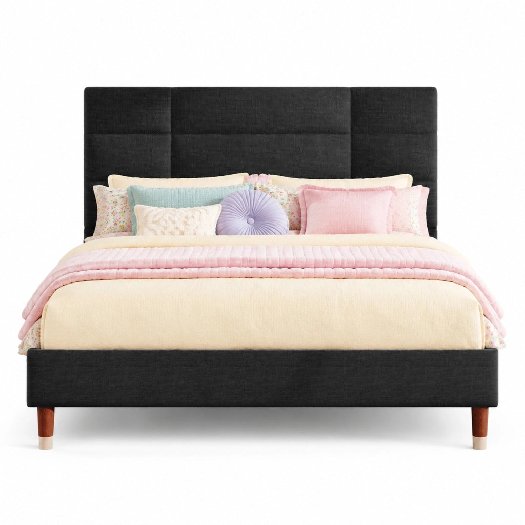 Letto imbottito matrimoniale 140x200 cm con rete a doghe, testiera in lino nero, con vano sottoletto