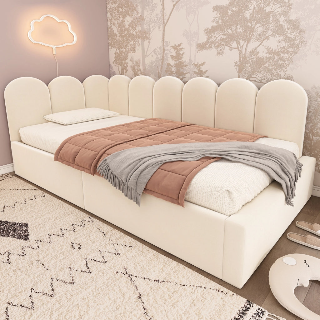 OKWISH Letto Banquette 90×200 cm, Letto Singolo con Contenitore Idraulico e Testiera, senza Materasso, in Velluto, Beige