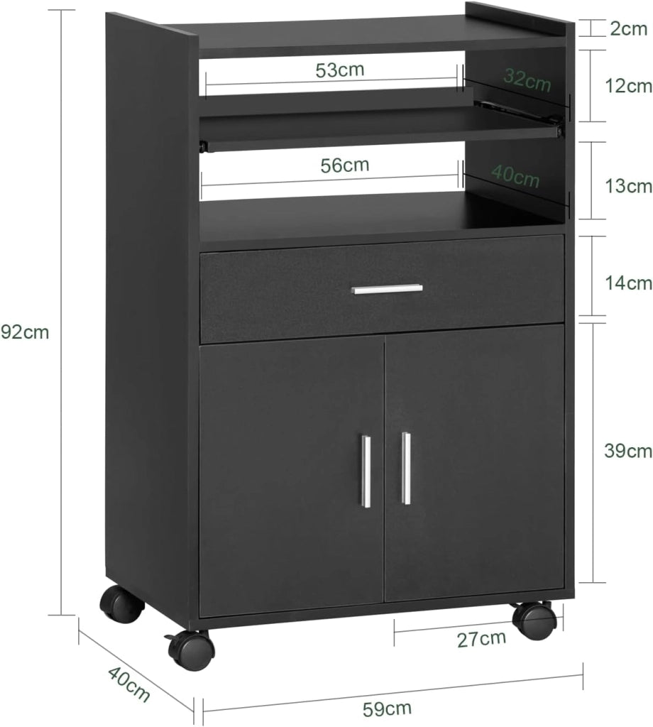 Mobiletto Cucina con Ruote e Piano Estraibile – Mobile Cucina Salvaspazio con Cassetto e Ante, Credenza Cucina, Carrello Cucina per Microonde, Ufficio o Sala da Pranzo Nero 59×40×92 cm FSB09-SCH