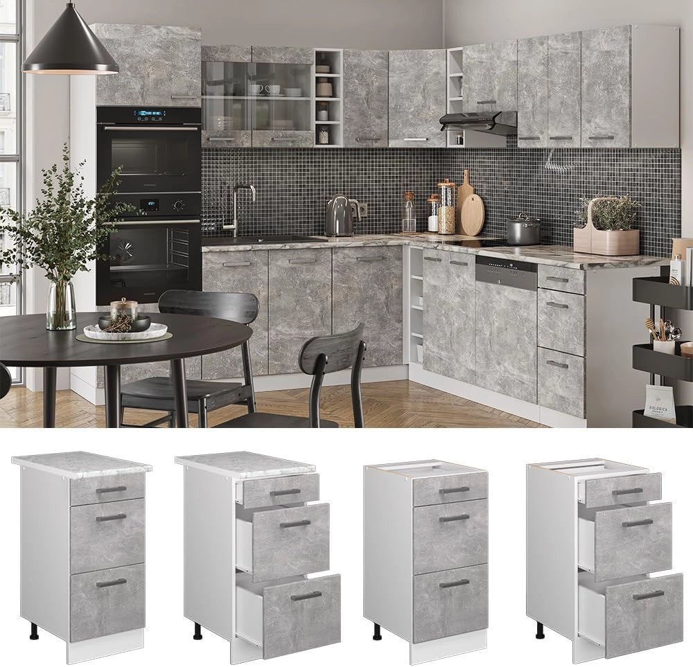 Mobiletto base per cucina R-Line, Calcestruzzo, 40 cm con cassetti, senza piano di lavoro, per la libera combinazione all'interno di sistemi cucina modulari