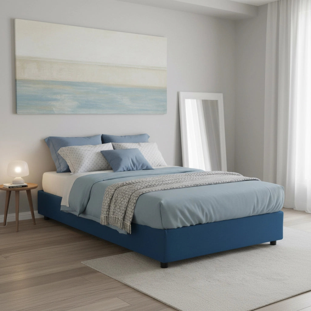 Letto matrimoniale Attilino, Letto contenitore con rivestimento in tessuto, Made in Italy, Apertura frontale, adatto per materasso cm 140x190, Blu