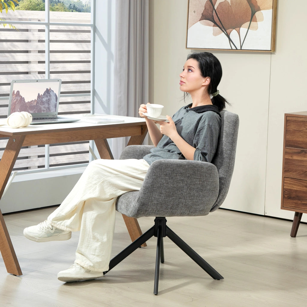 Poltrona girevole moderna con braccioli, rivestimento effetto lana-lino, grigio scuro