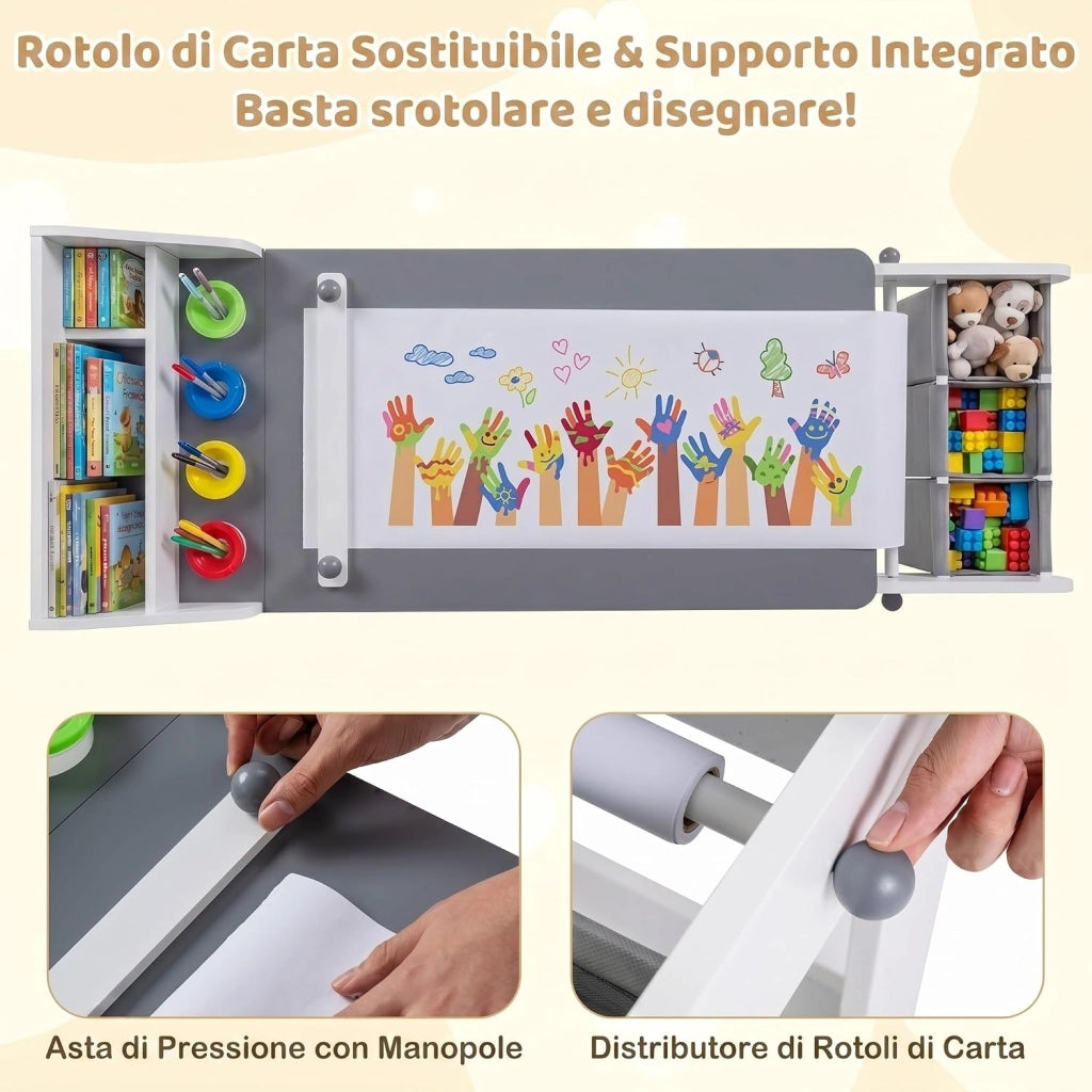 Set Tavolo e Sedia per Bambini 3+ Anni con Rotolo di Carta | Tavolo da Disegno Creativo con Vaschette per Colori e Contenitori in Tessuto, Mobile Montessori per Cameretta e Scuola