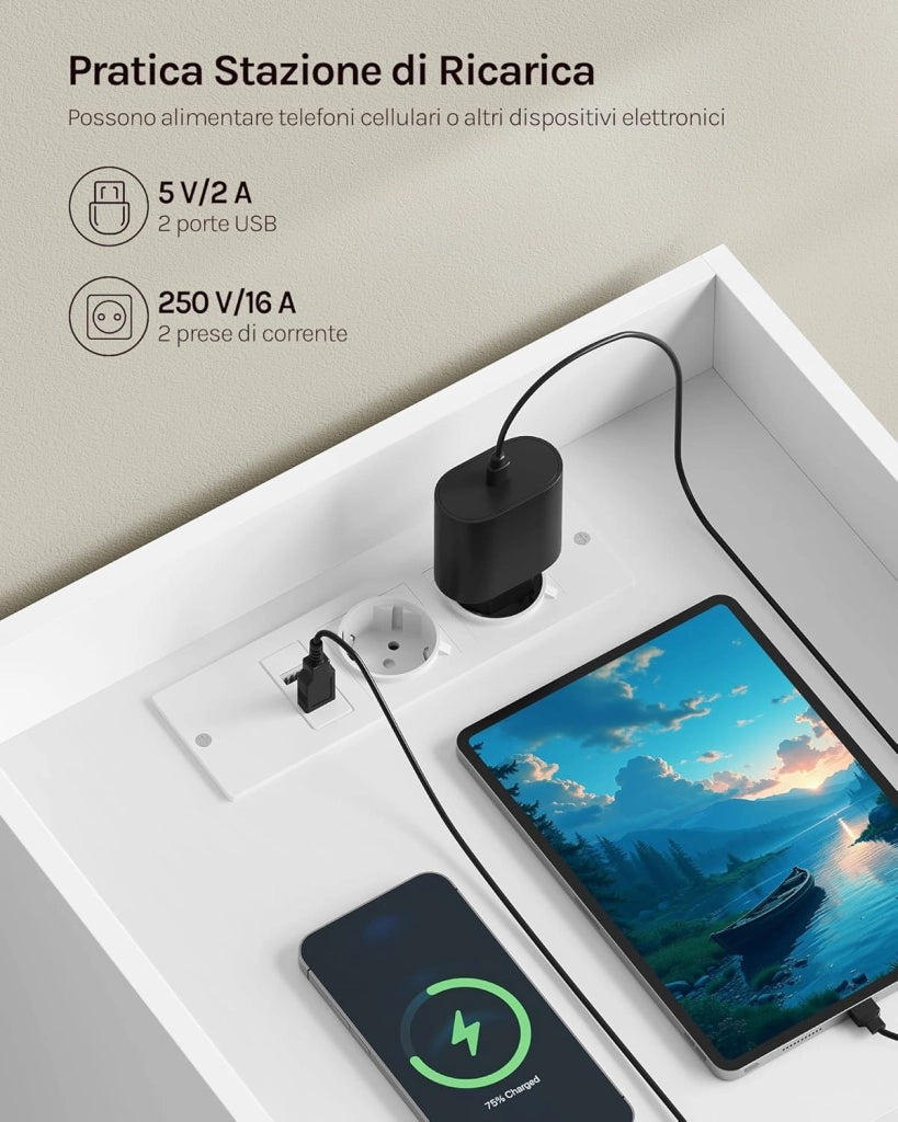 Set di 2 Comodino con Stazione di Ricarica, Prese, Porte USB, Tavolino con Luci LED Regolabile, Cassettiera con Cassetti e Scomparto, 40x35x64cm, per Camera da Letto, in Legno, Bianco NTS07ws-2