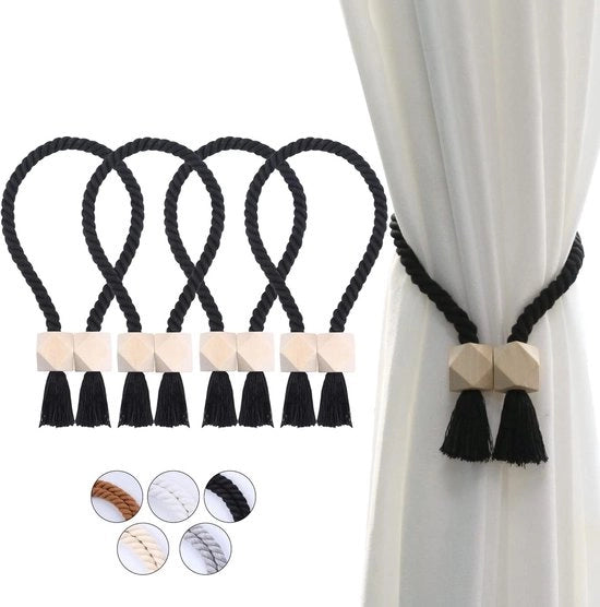 Magnetici cordoni per tende in cotone tessuto a mano - 4 pezzi - nero - robusti
