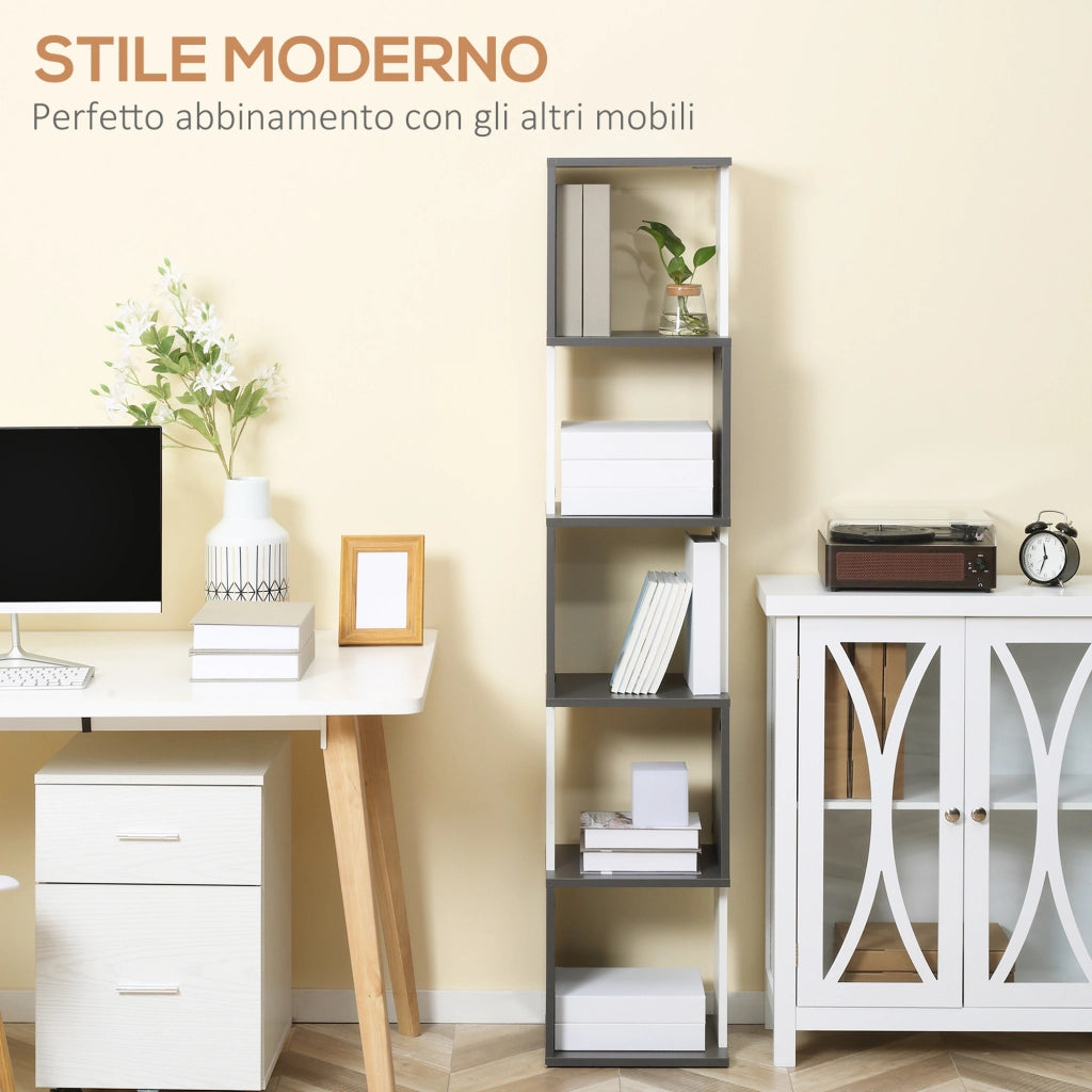 EasyComfort Libreria Moderna Salvaspazio a 5 Ripiani in Legno, 33x28x161cm, Grigio e Bianco