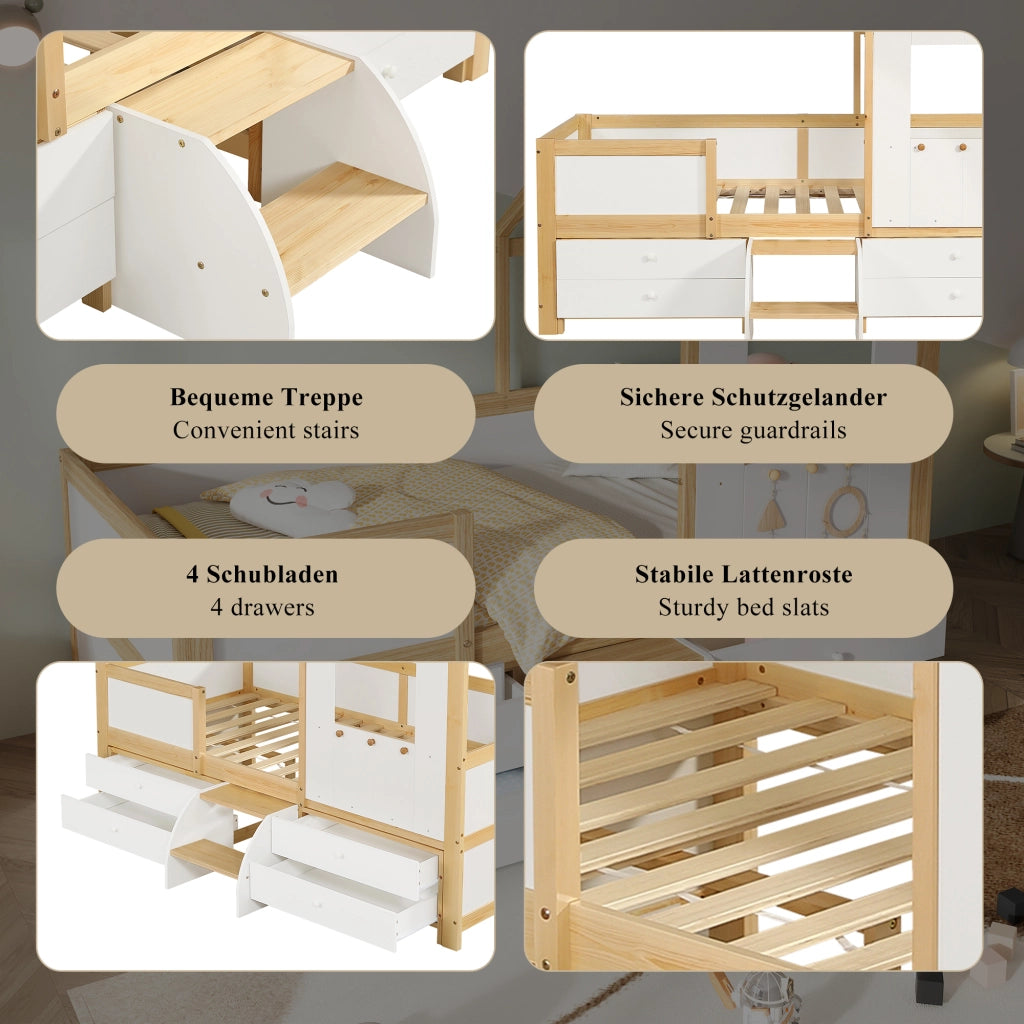 DESMIU Letto per Bambini Semialto 1 Posto con 4 Cassetti, Tetto e Finestra, 90 × 200 cm, Senza Materasso