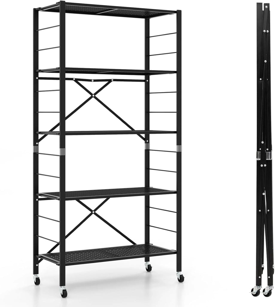 Scaffale Pieghevole con Ruote, Scaffale in Metallo con 5 Ripiani, Mobile in Metallo con Ripiani Regolabili e Grande Capacità da Cucina Balcone Soggiorno, Nero