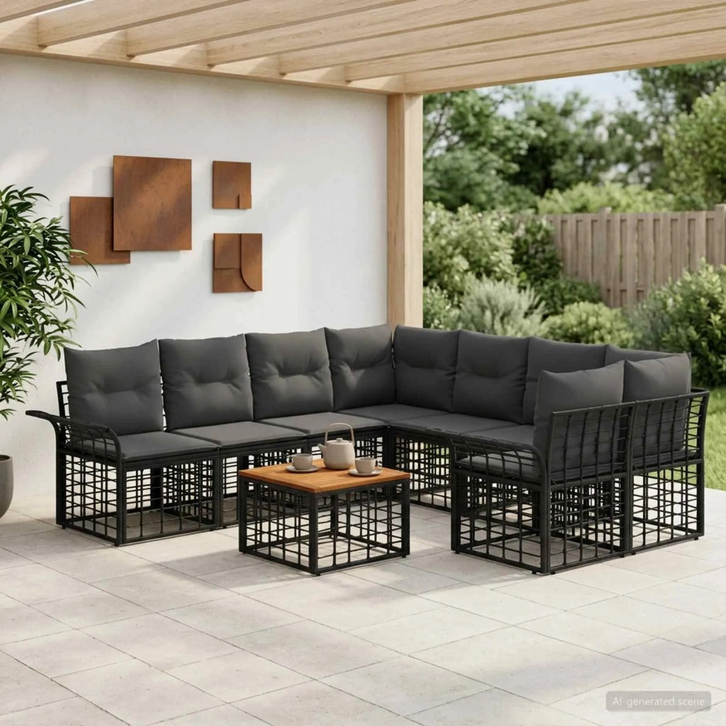 Set di divani da esterno 9 pz Nero e Grigio scuro polyrattan 3437653