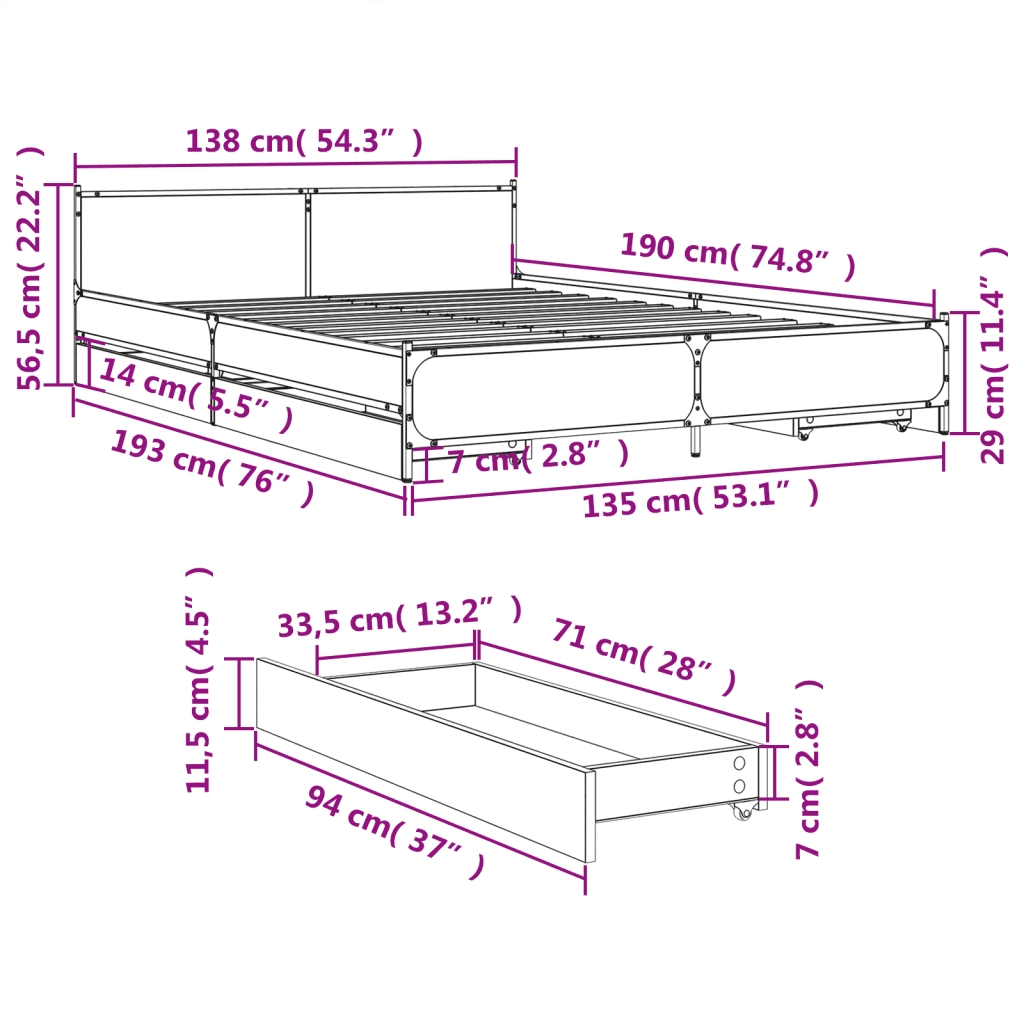 Giroletto con Cassetti Nero 135x190 cm in Legno Multistrato