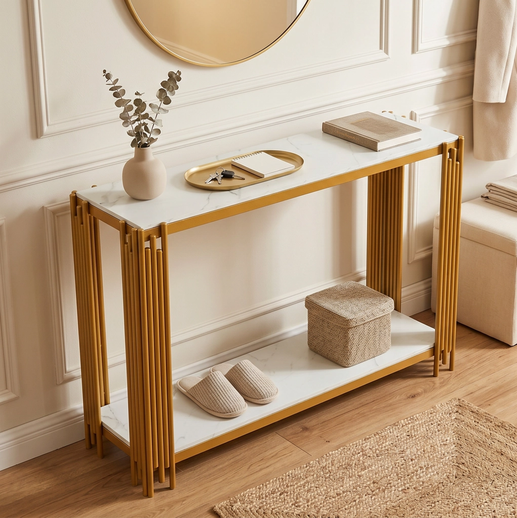 Tavolo consolle a 2 ripiani in MDF effetto marmo bianco e oro