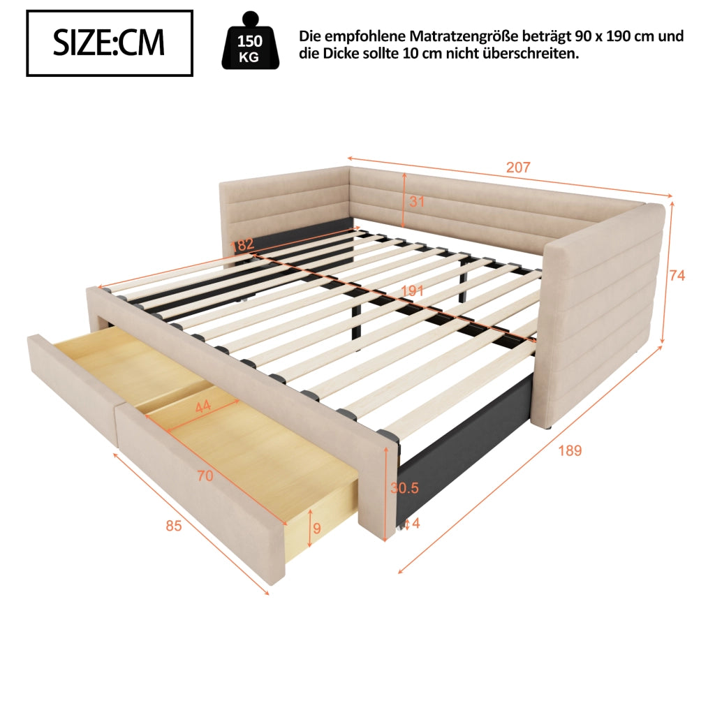 Letto imbottito convertibile matrimoniale 90×190 cm e 180×190 cm con 2 cassetti; senza materasso; beige