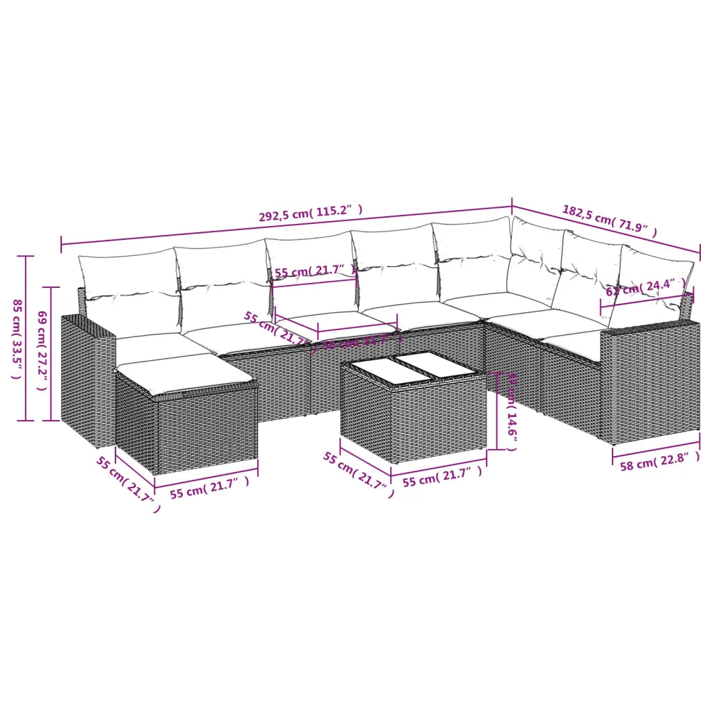 Set Divani da Giardino 9 pz con Cuscini Nero in Polyrattan 3251703