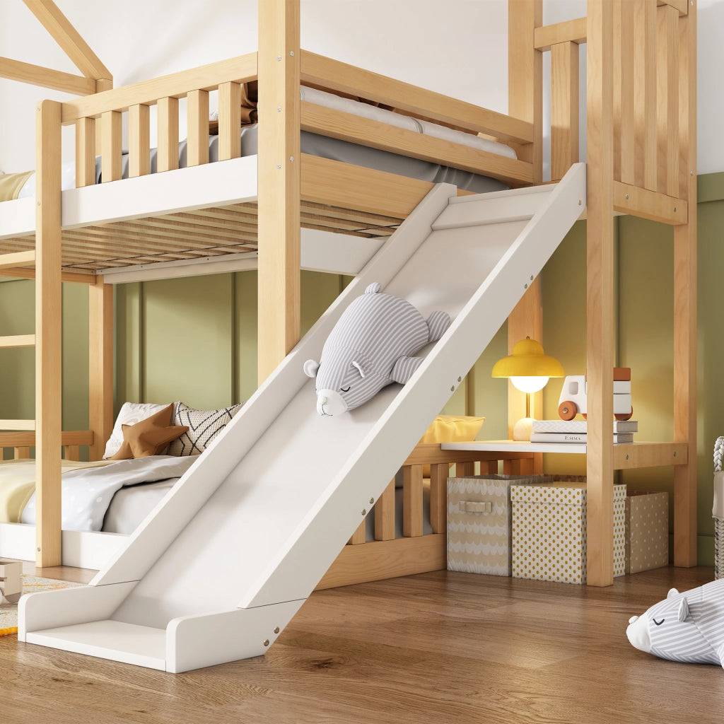 Letto a castello 90 × 200 cm con tetto a capanna, ripiano laterale e barriera, senza materasso, per bambini